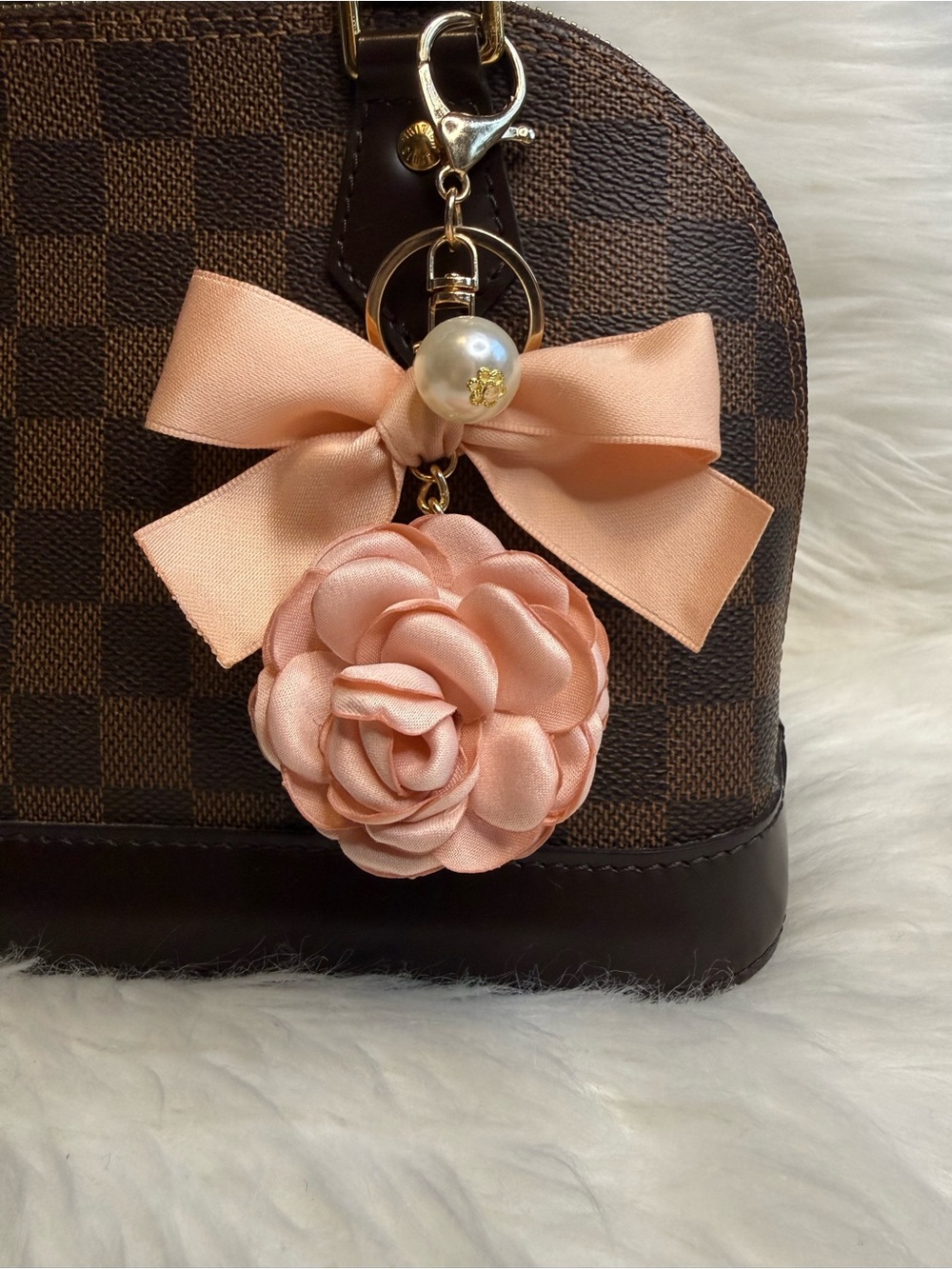 Peach pink Satin camellia Flower Bow Bag Charm Keychain